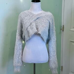 Urban Outfitters Fuzzy Heather Gray Deep V Wrap Swater